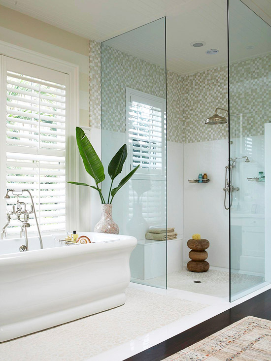 Two-tone tiled shower remodel